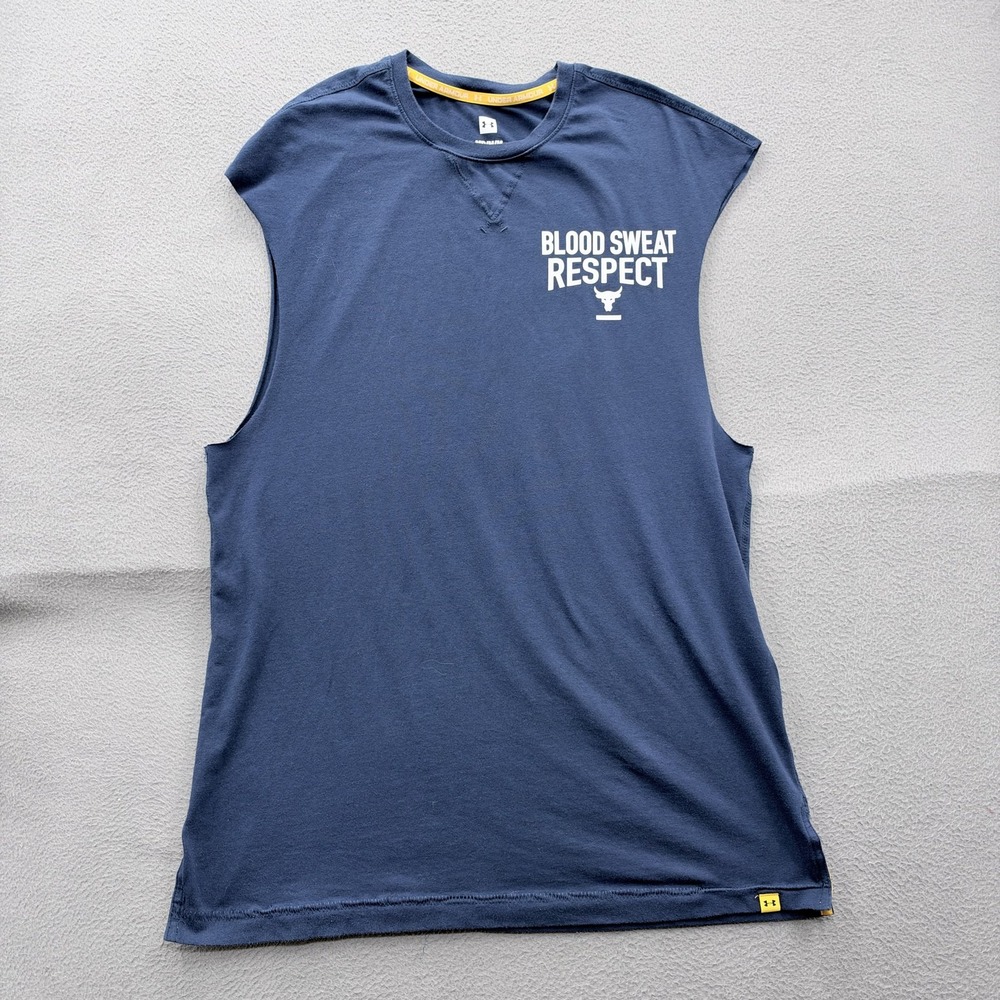 Under Armour Project Rock Tank Shirt Mens Medium Blue Blood Sweat Respect Bull